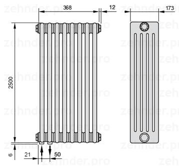 Схема (чертеж) Радиатор Zehnder Charleston 5250/8 №3370 Белый глянцевый RAL 9016